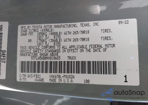 2022 Toyota Tundra Sr5 из США, поврежденный, VIN 5TFLA5AB0NX018665